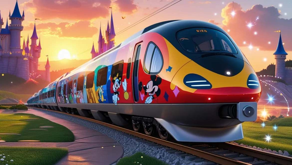 Futuristic Disney-themed bullet train concept art.