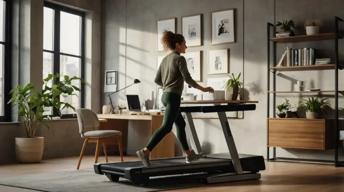 Person walking slowly on under-desk treadmill.