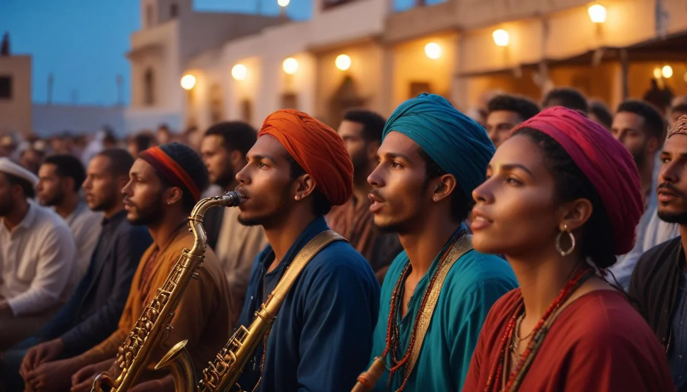 A vibrant scene from a past Gnaoua World Music Festival in Essaouira showing musicians and a captivated audience