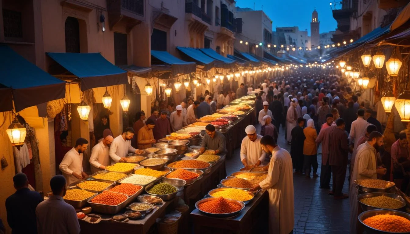 A bustling Moroccan souk during Ramadan, filled with people preparing for Iftar