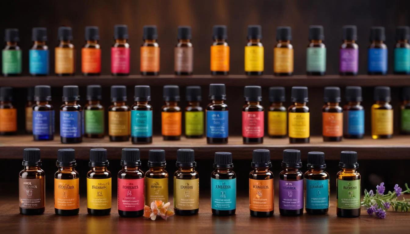 A selection of essential oil bottles with labels highlighting their different properties