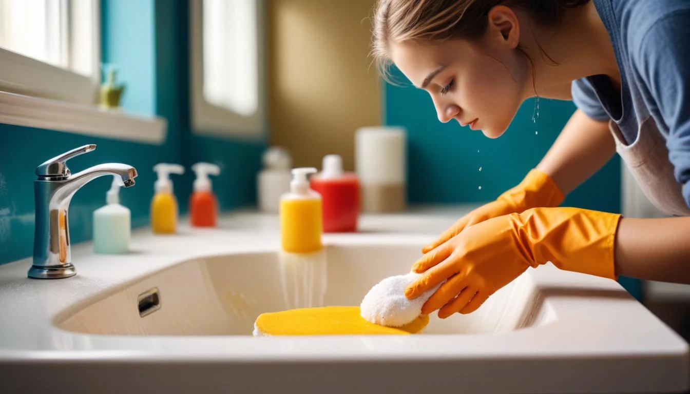 A person cleaning a bathroom sink with a homemade baking soda and hydrogen peroxide paste