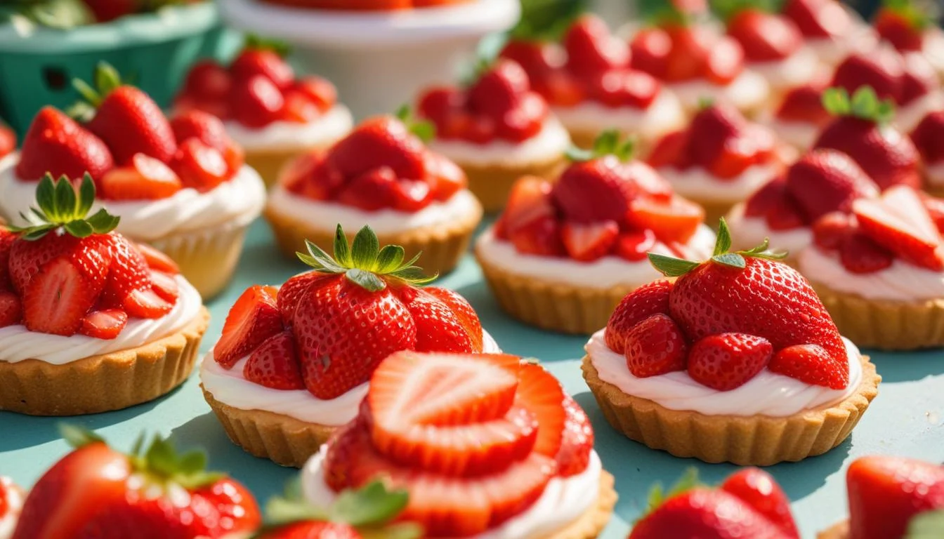 A vibrant photo showcasing various strawberry-themed desserts and food items at the Vista Strawberry Festival