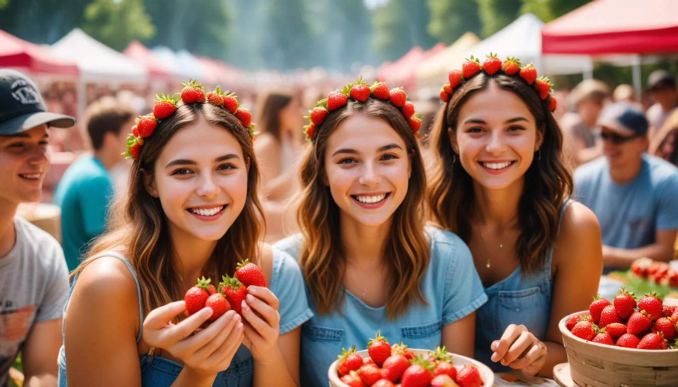 A vibrant photo of the Vista Strawberry Festival showcasing happy attendees and delicious strawberry treats