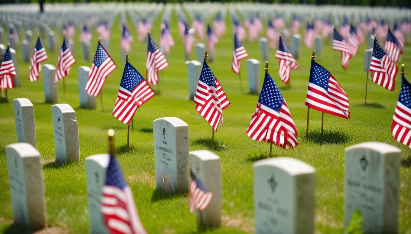 A close-up shot of American flags placed on graves in a military cemetery on Memorial Day