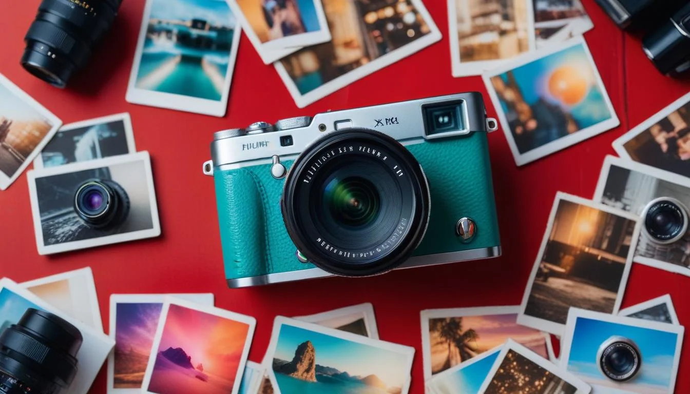 A collage showcasing the Fujifilm X100V, X-T5, and an Instax camera, highlighting their distinct yet unified retro designs.