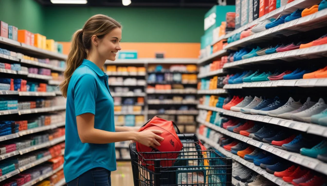 A shopper happily browsing through sporting goods at a Dick's Sporting Goods store