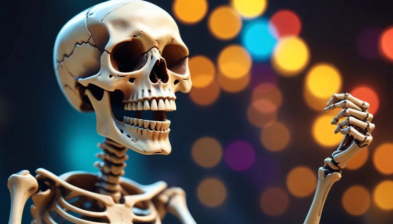A cartoon image depicting a smiling skeleton cracking a joke