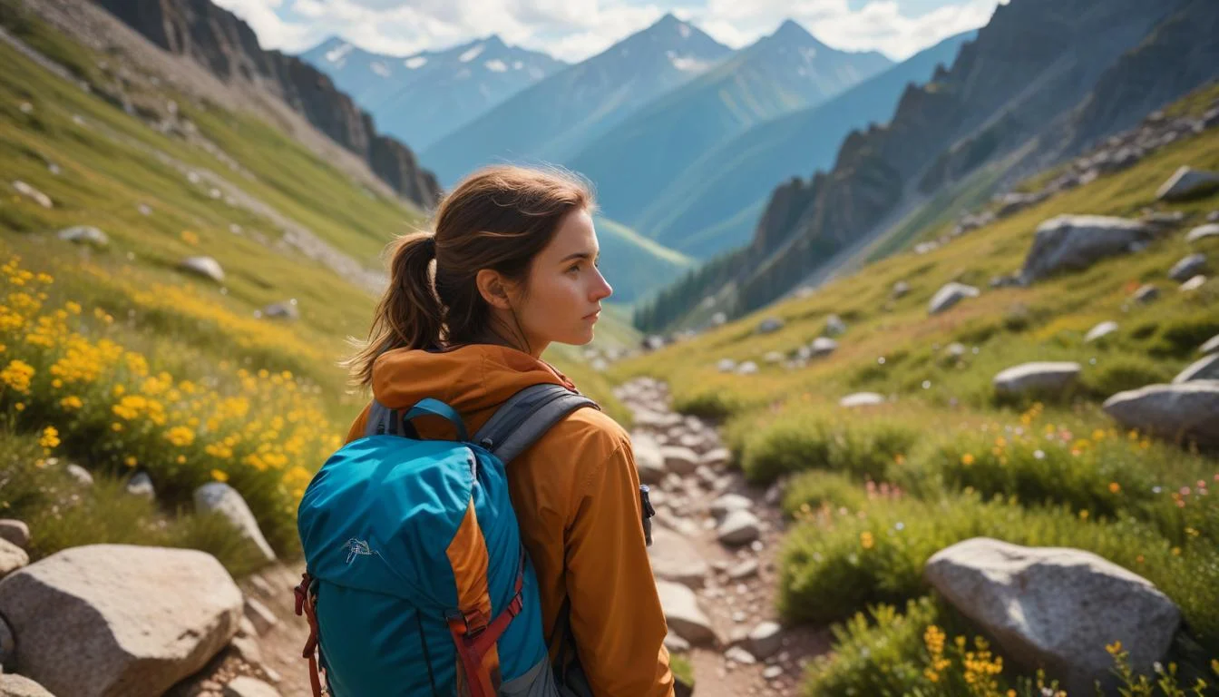 A woman backpacking through a scenic mountain range