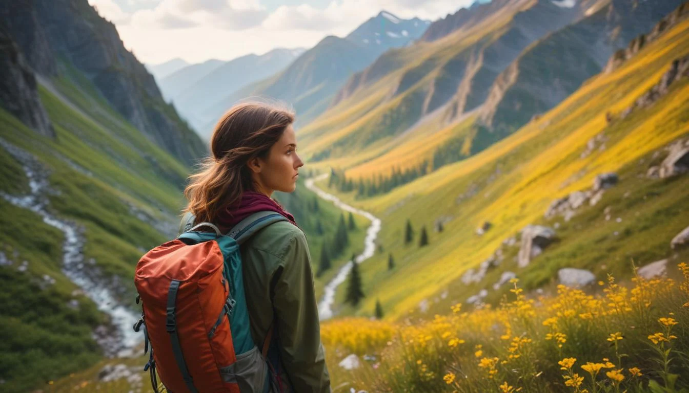 A woman backpacking through a scenic landscape
