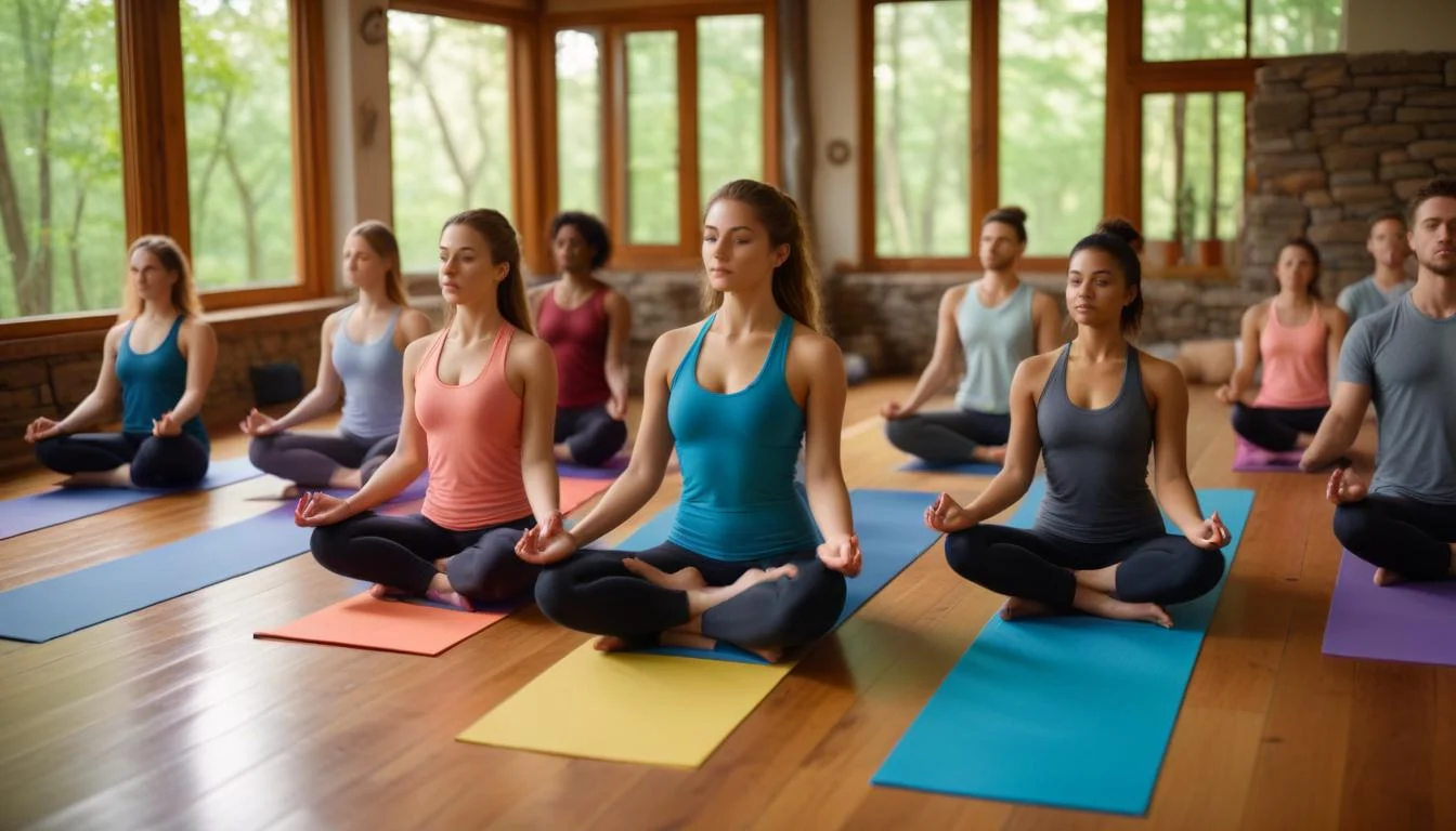 A group of millennials participating in a yoga session at a retreat