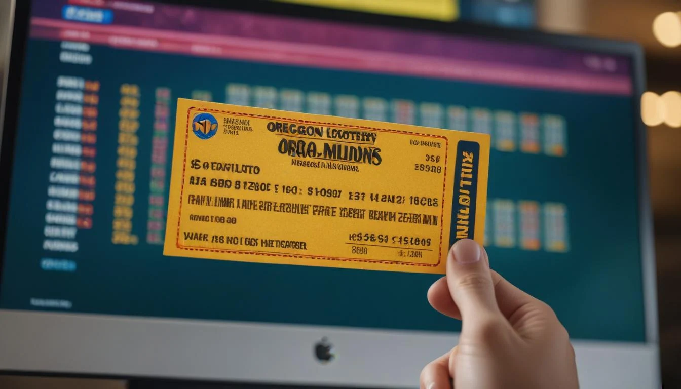 A close-up image of an Oregon Lottery Mega Millions ticket being checked against winning numbers on a computer screen