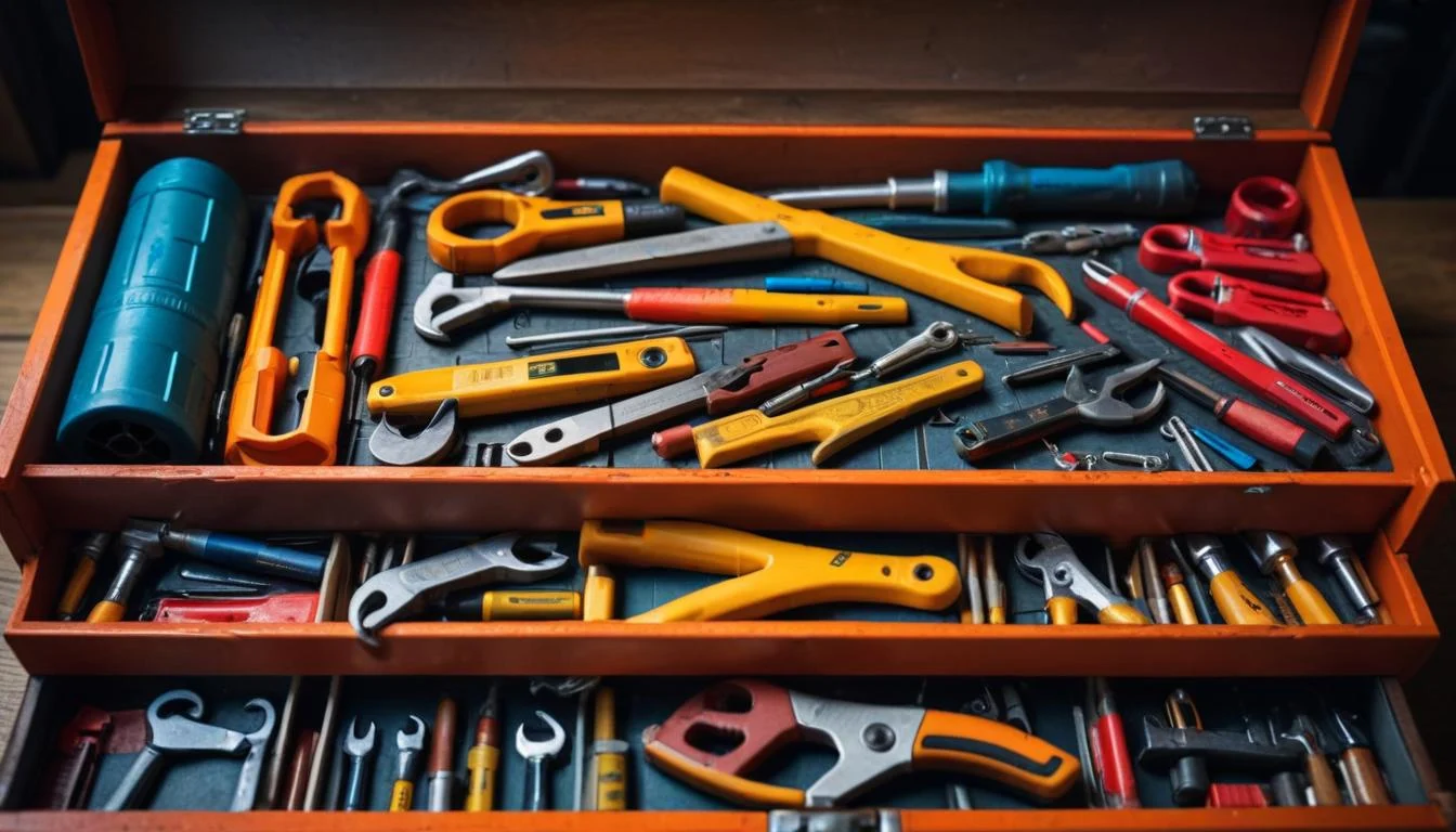 A well-organized toolbox with various hand tools and safety equipment