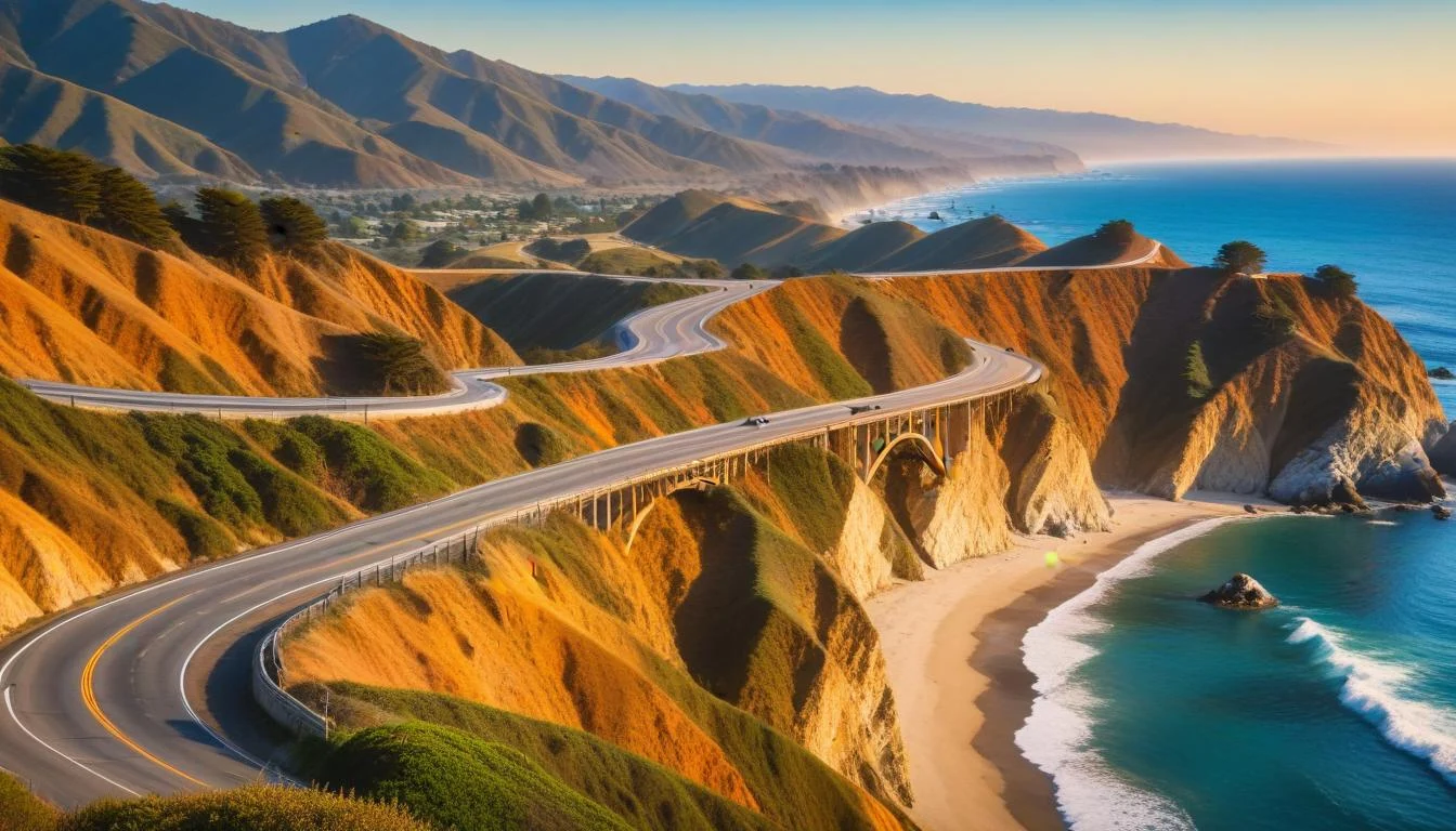 A panoramic view of the Pacific Coast Highway winding along the California coastline