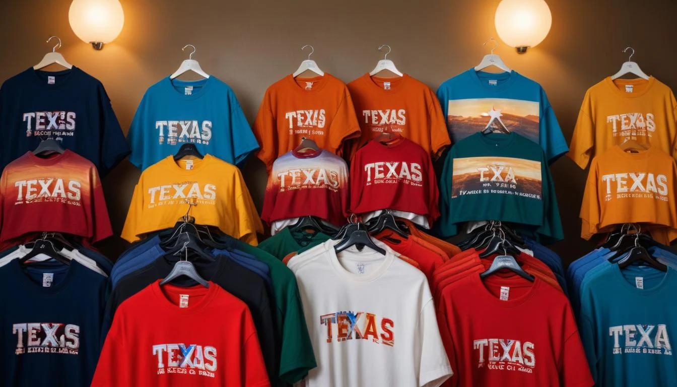 A variety of Texas-themed T-shirts and hoodies