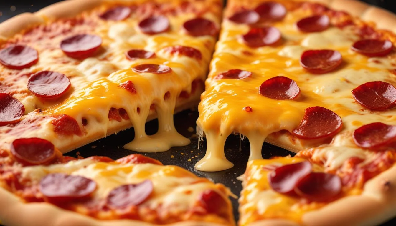 Close up of a Pizza Hut cheese pizza, showing the melted cheese and crust texture