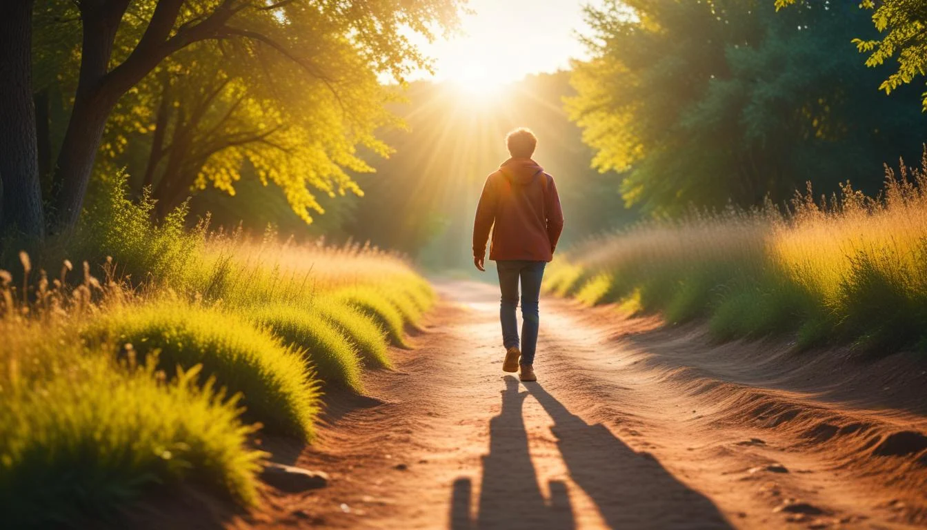 A person confidently striding forward on a path leading towards a bright sun