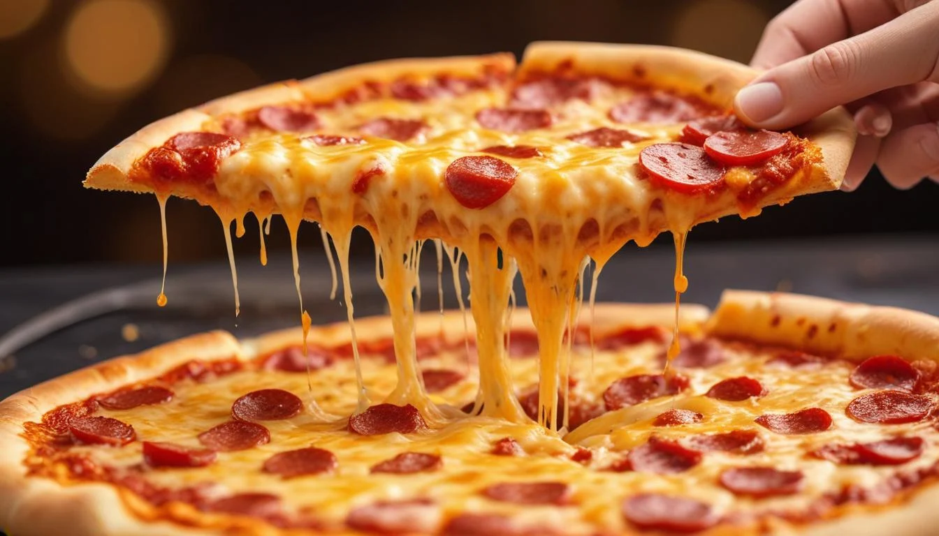 A Pizza Hut Cheese Pizza being sliced, showcasing the melted cheese and crust.