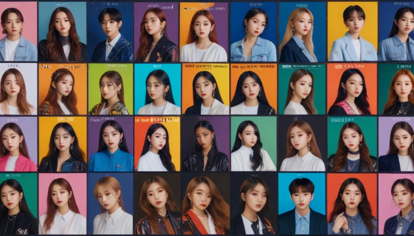 A collage showcasing various K-Pop album covers, highlighting the diversity in styles and concepts