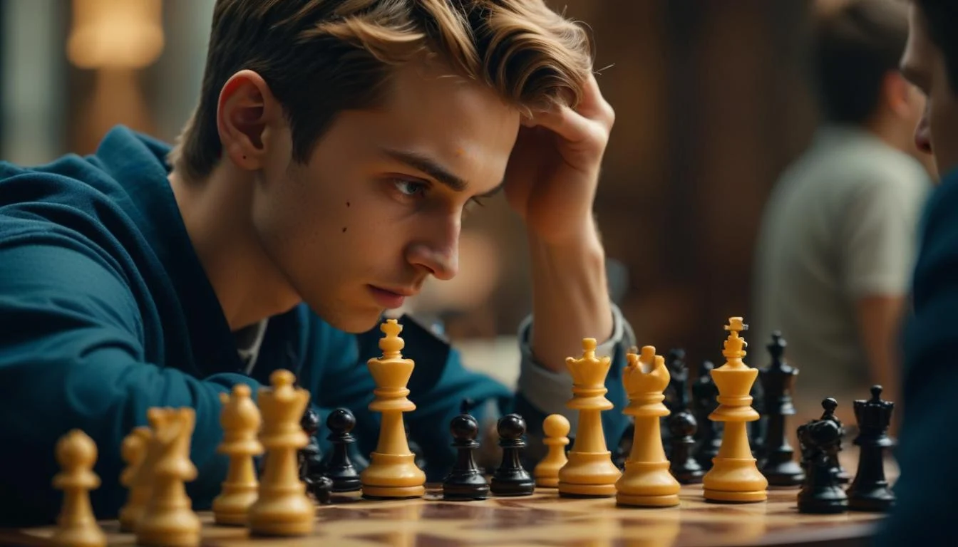 Screenshot of a decisive moment from a Freestyle Chess game, annotated with key moves