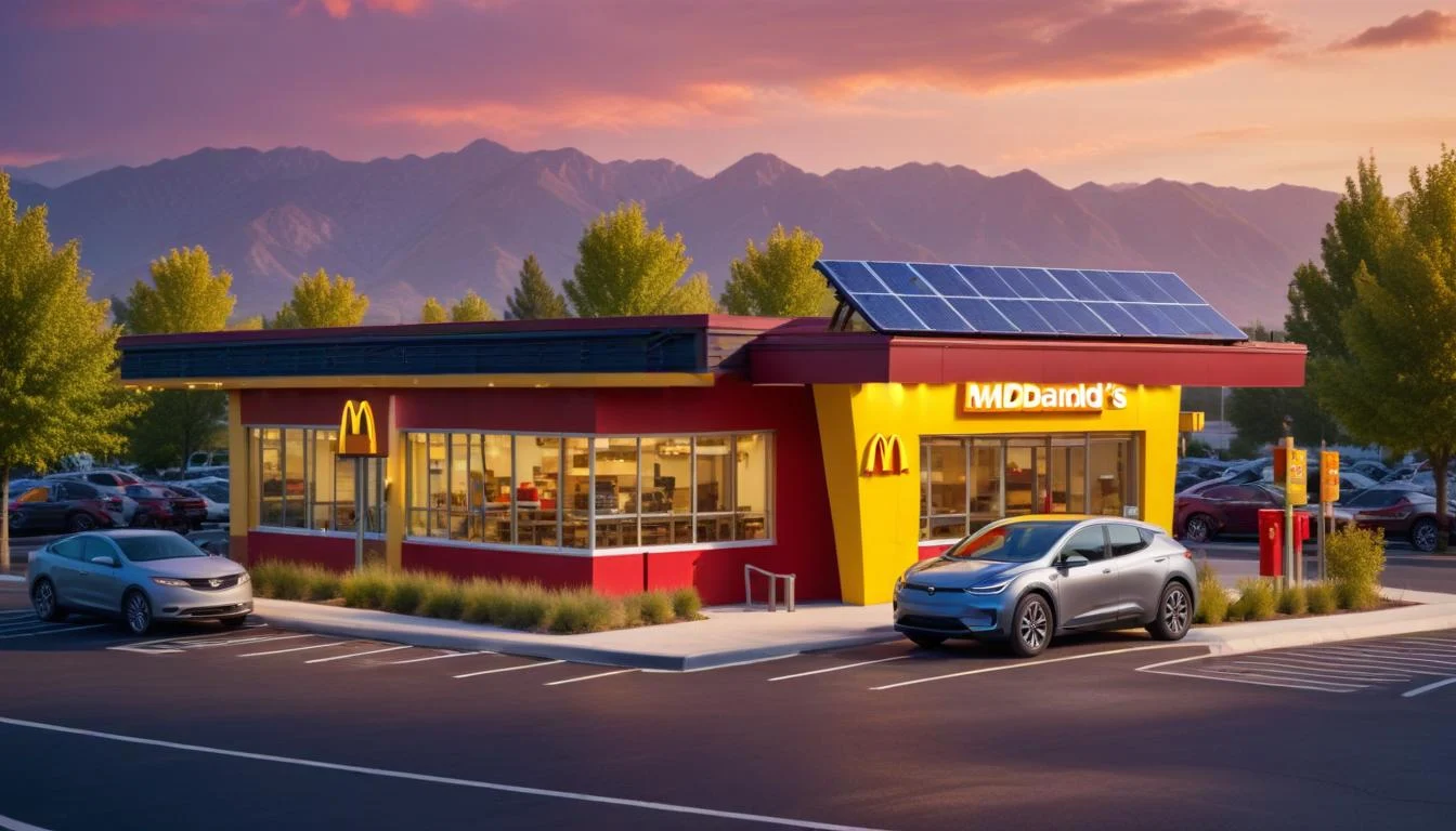 A McDonald's restaurant with solar panels on the roof and an electric vehicle charging station in the parking lot, representing sustainability efforts.