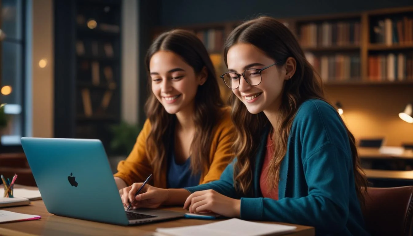 A student studying with a tutor on a laptop, both smiling and engaged in the lesson.