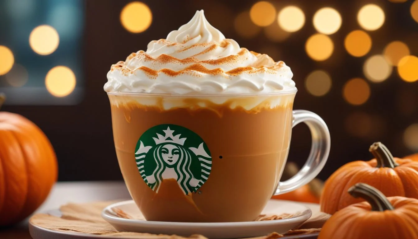 A close-up shot of a Starbucks Pumpkin Spice Latte with visible spice topping and whipped cream