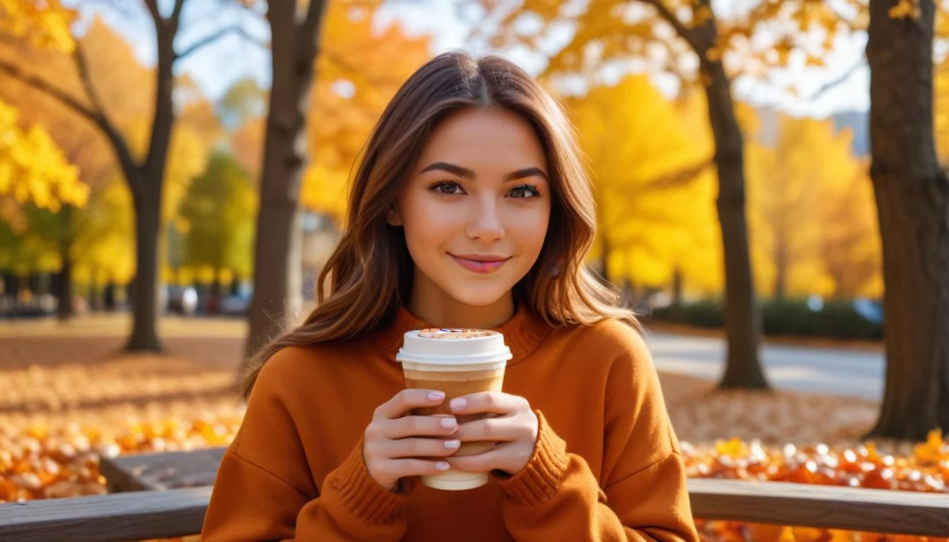 A person enjoying a Pumpkin Spice Latte outdoors, with fall foliage in the background.
