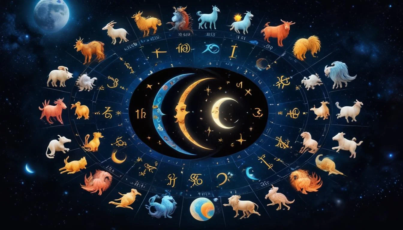 A circular image displaying the symbols of the twelve zodiac signs around a central point representing the Black Moon.