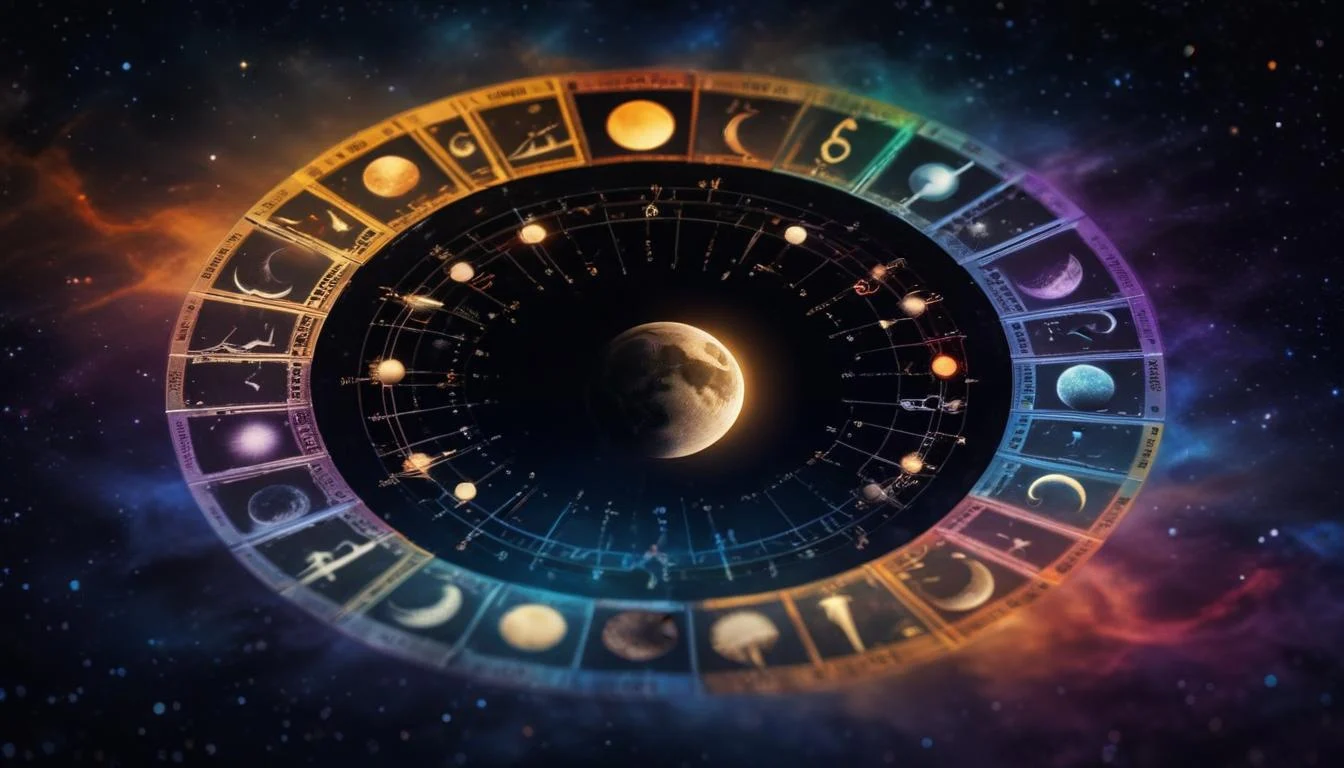 An abstract depiction of the Black Moon in various houses of a birth chart, highlighting different life areas.