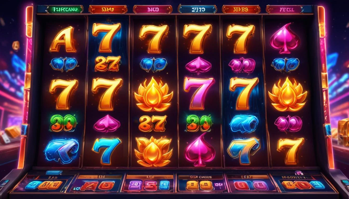 A vibrant screenshot of a 777 slot game showing various bonus features in action, like wild symbols, scatter symbols, and multipliers.