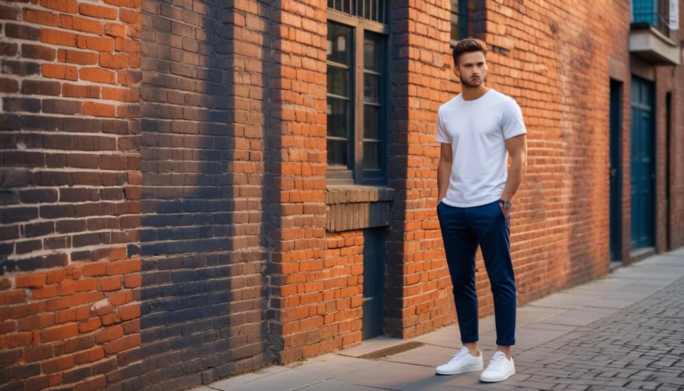 A man wearing navy chinos, a white t-shirt, and white sneakers, standing in front of a brick wall.