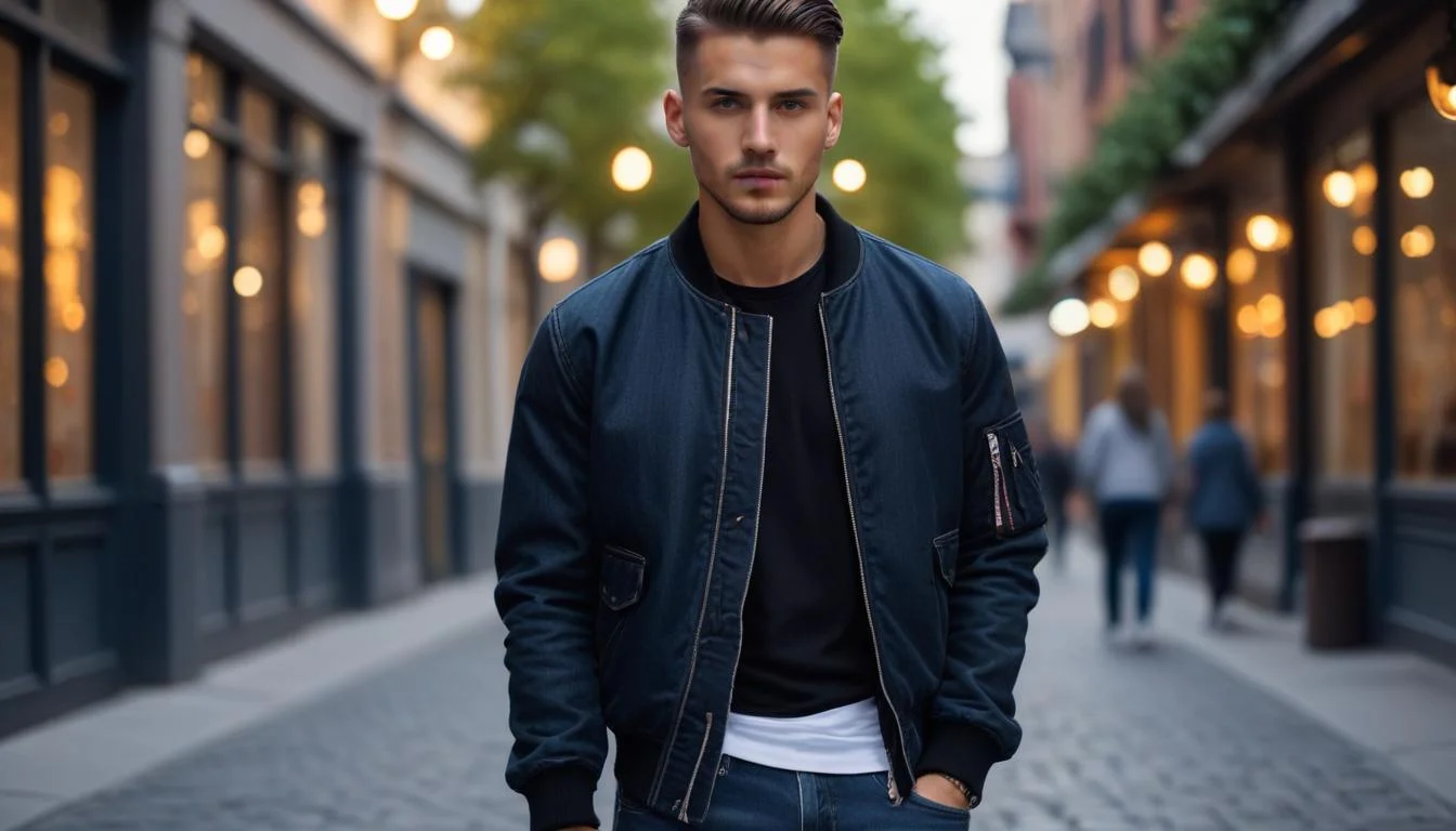 A man wearing a black bomber jacket over a gray t-shirt, paired with dark wash jeans and white sneakers.