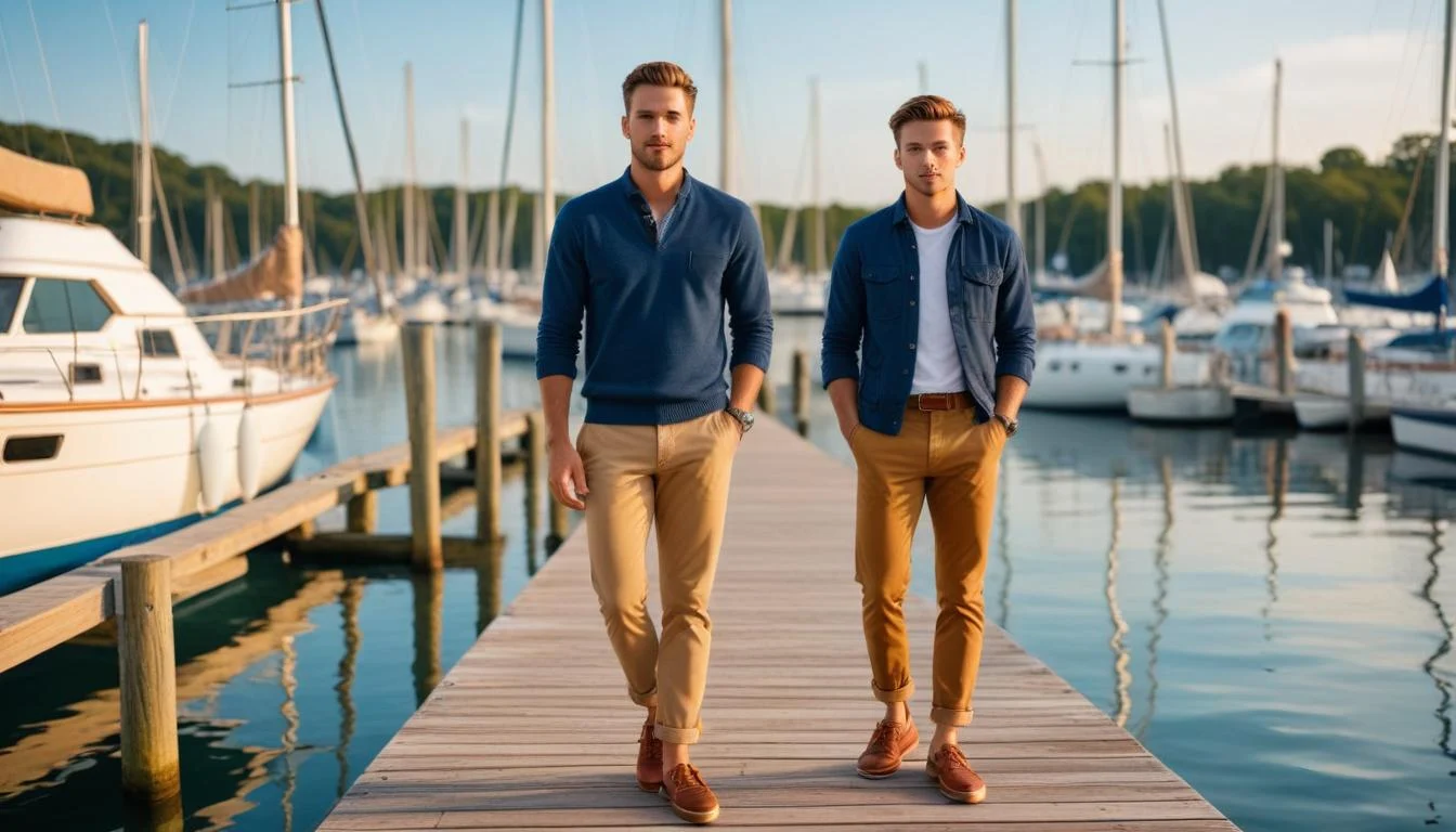Man wearing boat shoes and chinos, standing on a dock with a sailboat in the background.