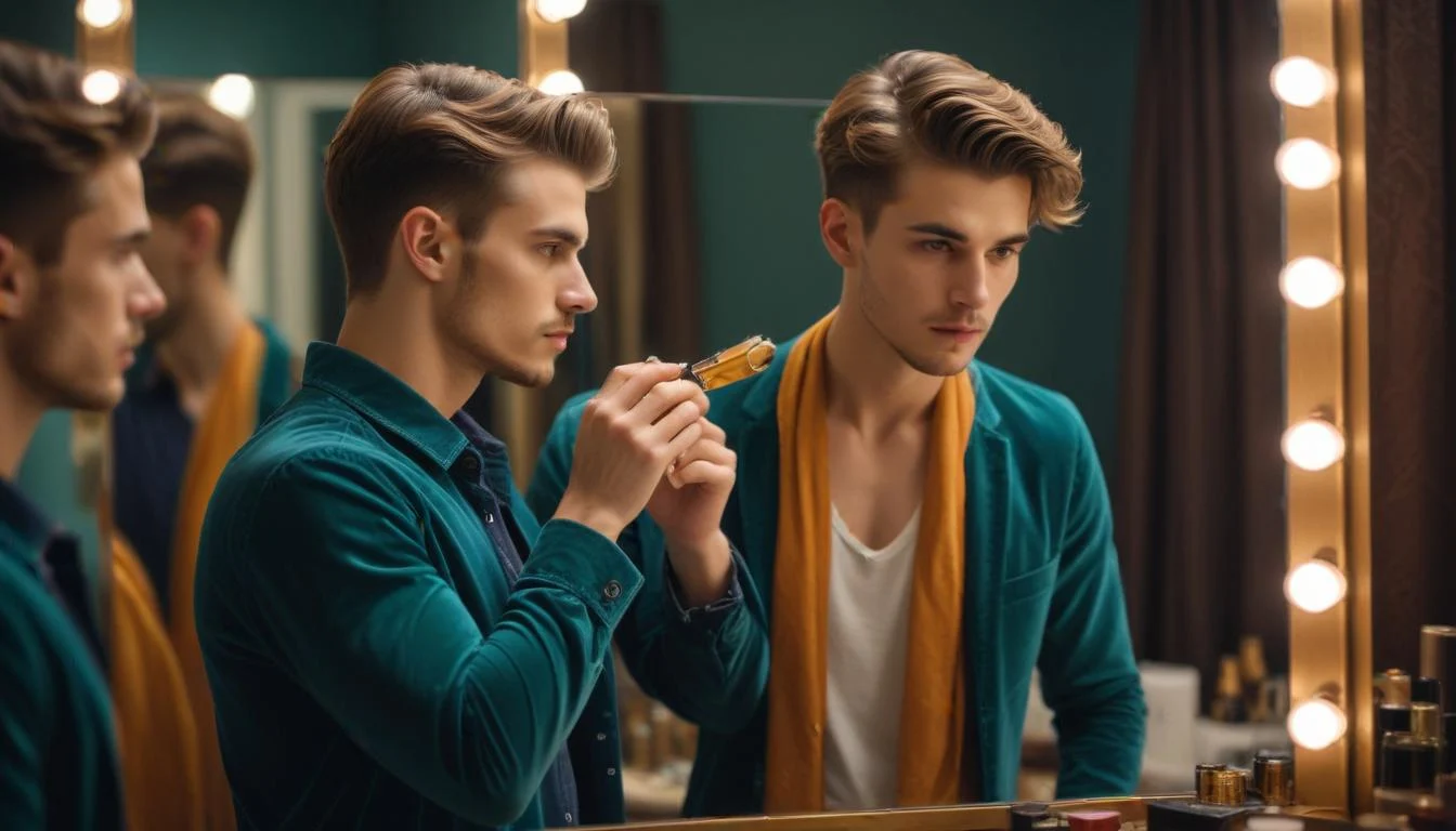 Man checking his reflection in a mirror, adjusting his outfit.