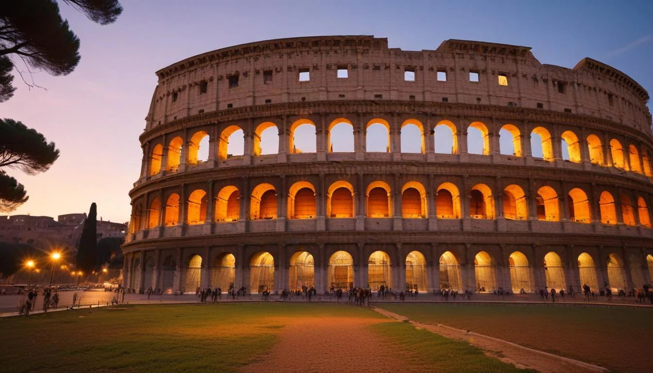 The Colosseum in Rome at sunset, showcasing its grandeur and historical significance.