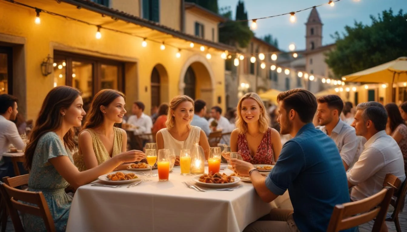 A group of people enjoying a meal together at an outdoor restaurant in Italy, capturing the essence of La Dolce Vita.