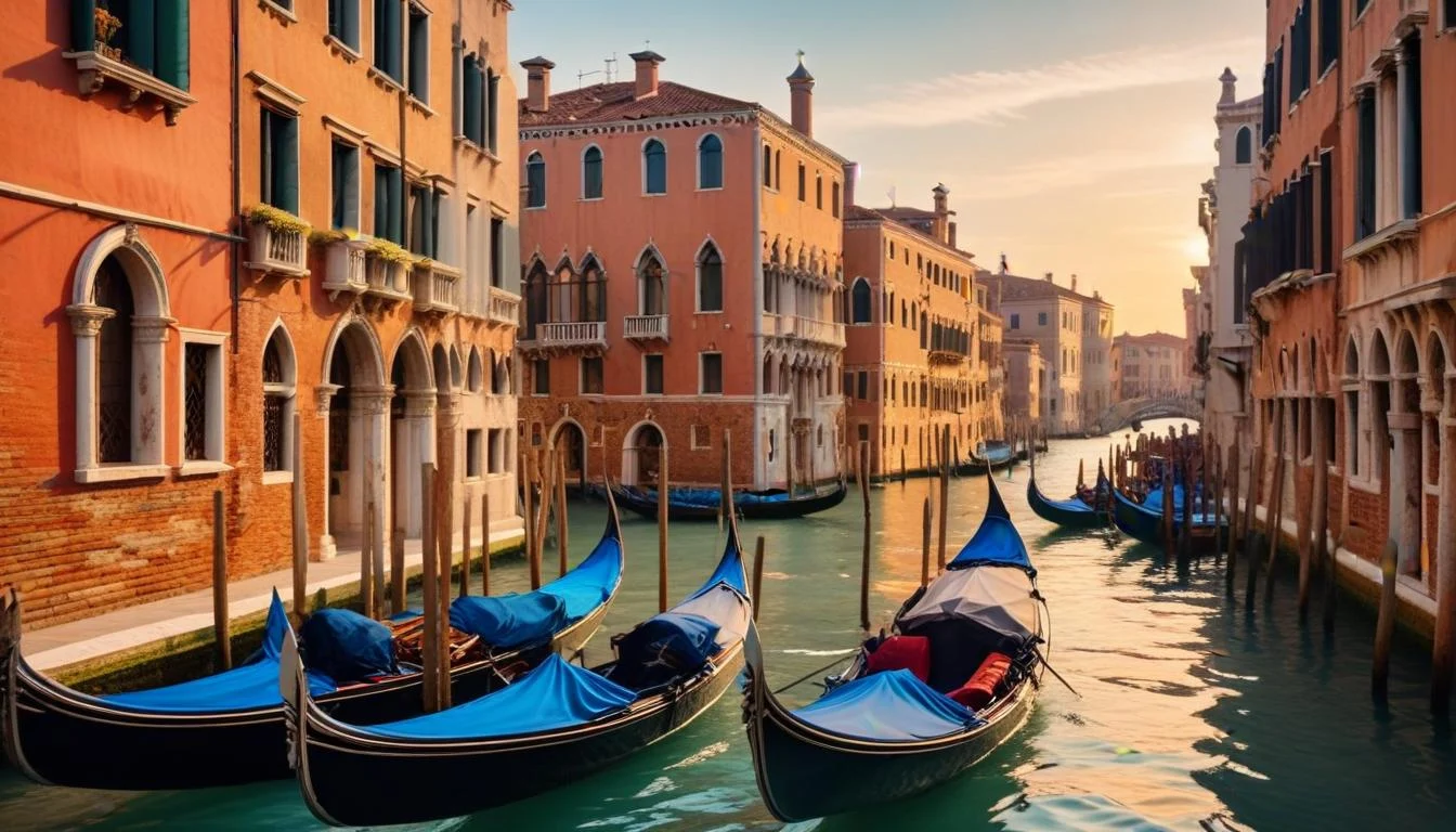 A scenic view of Venice, showcasing the canals, gondolas, and historic architecture.
