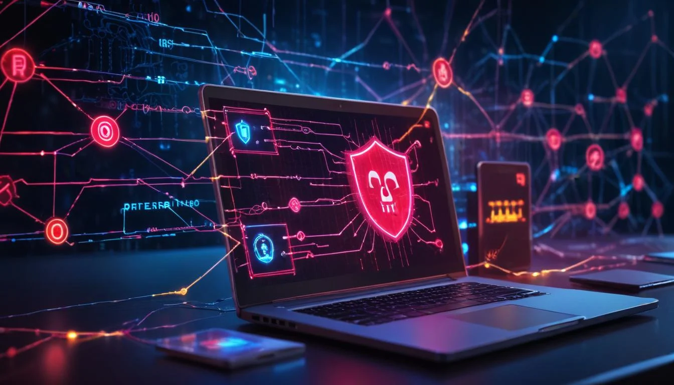 A visual representation of various cyber threats, such as ransomware icons, phishing emails, and malware symbols, connected by lines to represent the interconnectedness of the threat landscape.