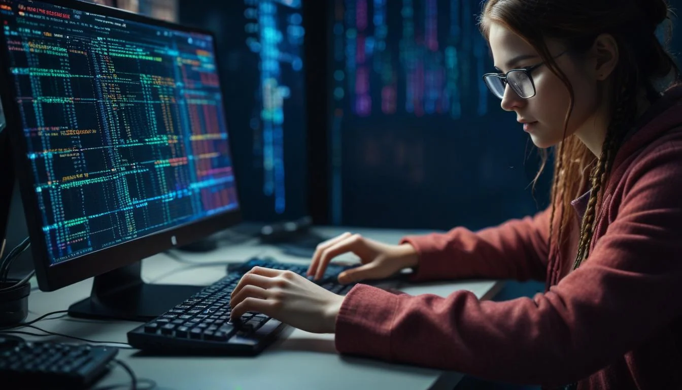 A person working on a computer with code on the screen, symbolizing penetration testing or vulnerability assessment.