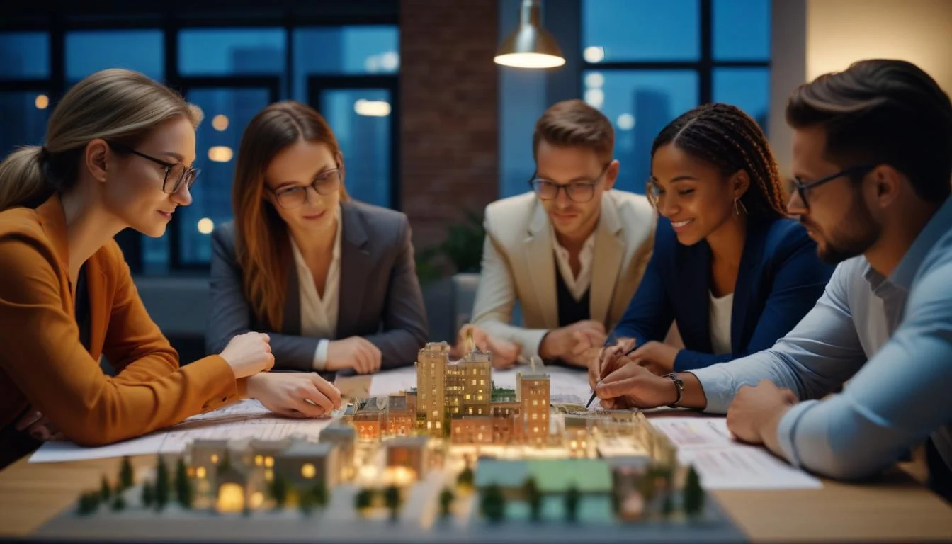 Image of a diverse group of people collaborating on a real estate project, symbolizing partnerships and joint ventures.