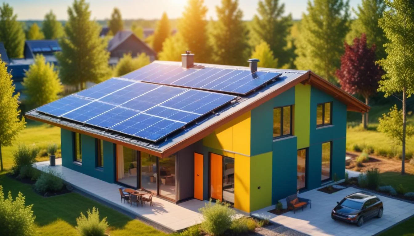 Image of a modern, energy-efficient home with solar panels, representing sustainability and green financing.
