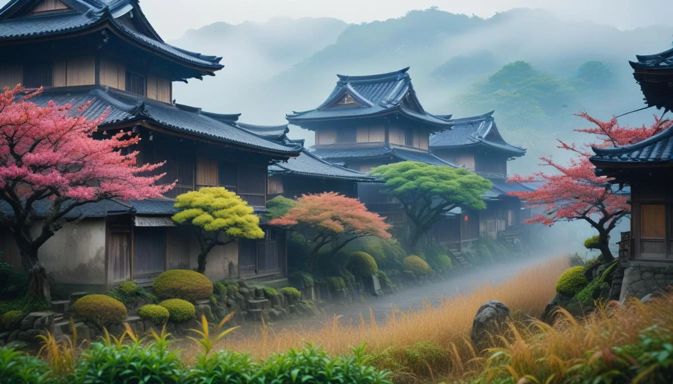 A landscape of dilapidated Japanese village shrouded in mist, with distorted floral patterns growing on traditional architecture.