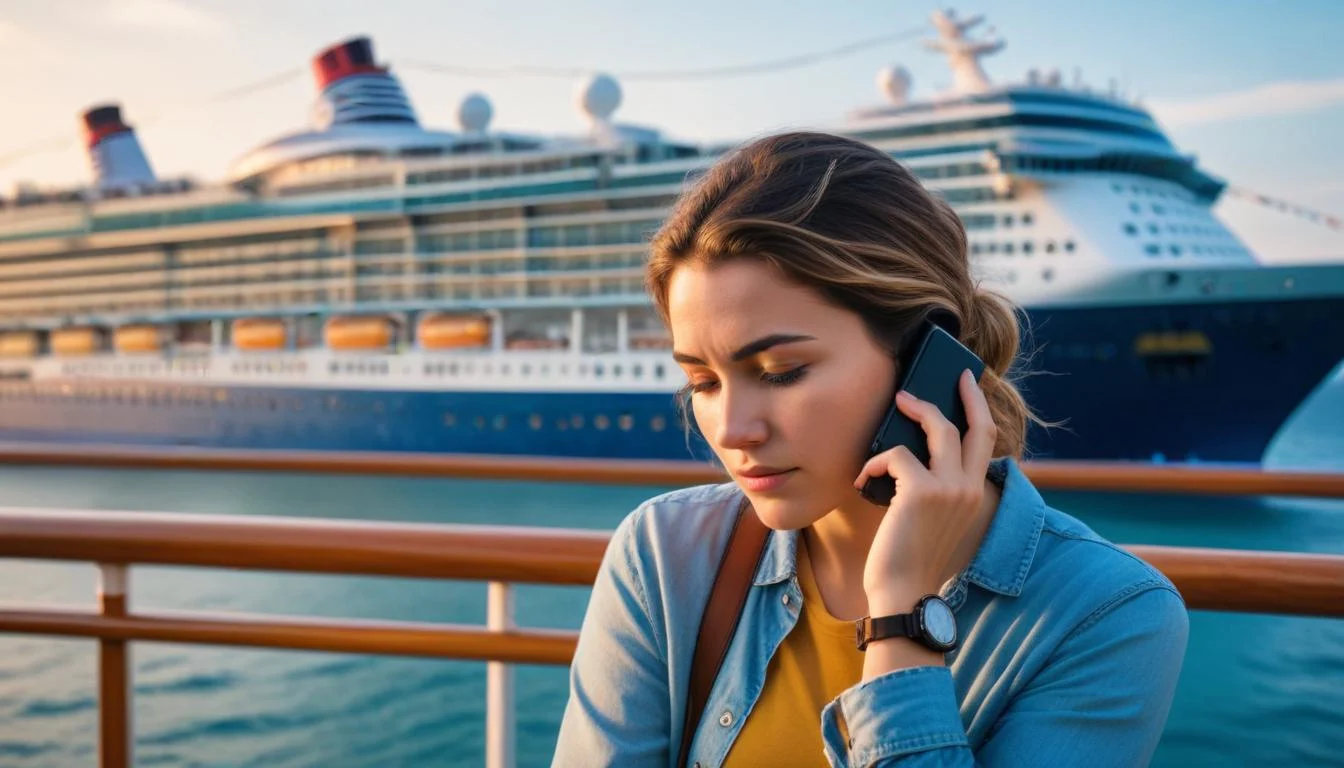 A person looking stressed while on their phone, with a cruise ship in the background.