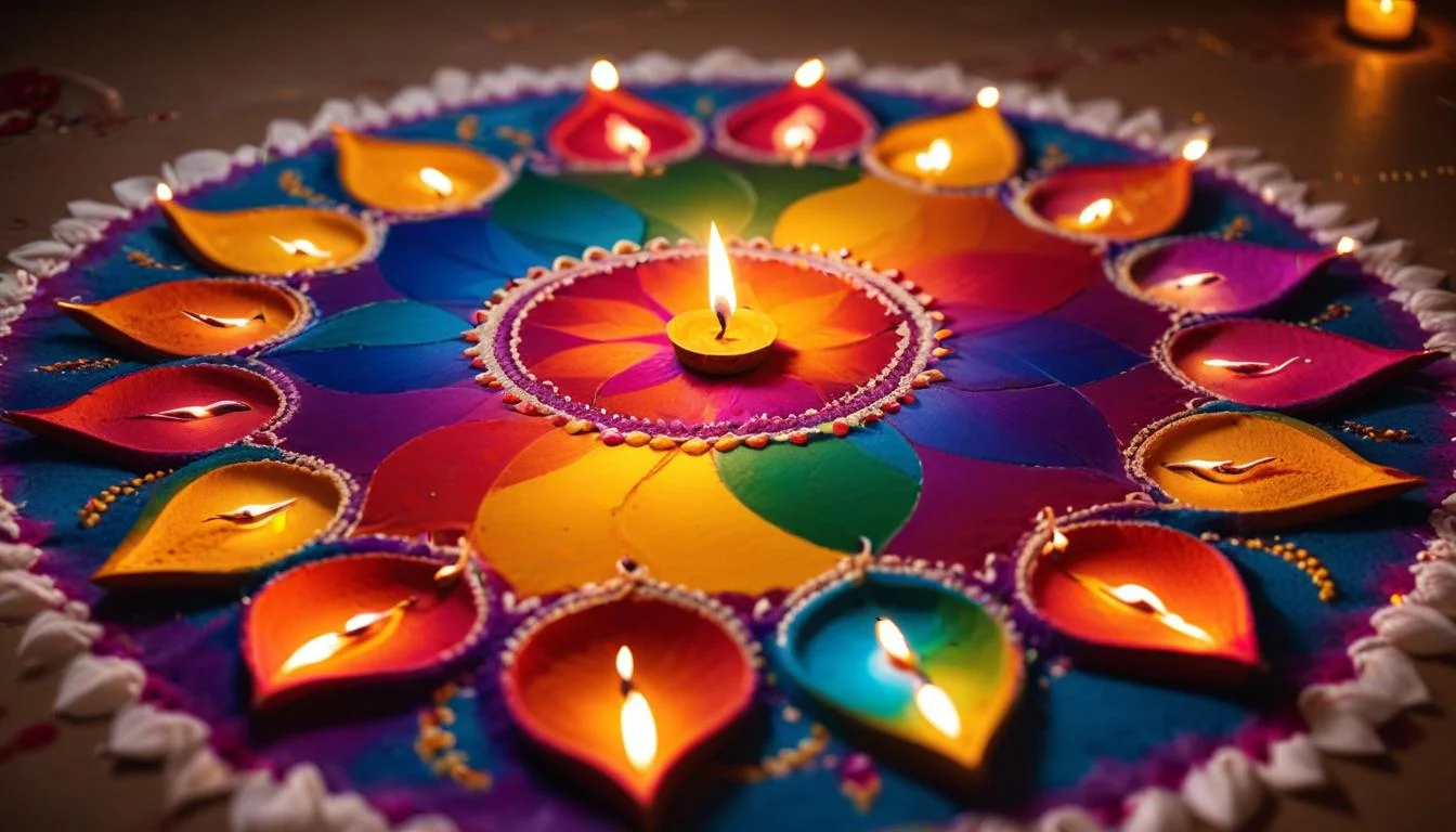 A colourful Rangoli design with diyas around it
