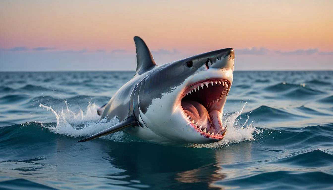 A great white shark breaching the surface of the ocean, mouth open, ready to attack a seal.