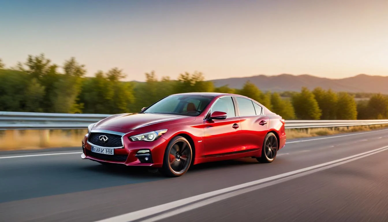 Infiniti Q50 Red Sport 400 in red speeding on a highway.