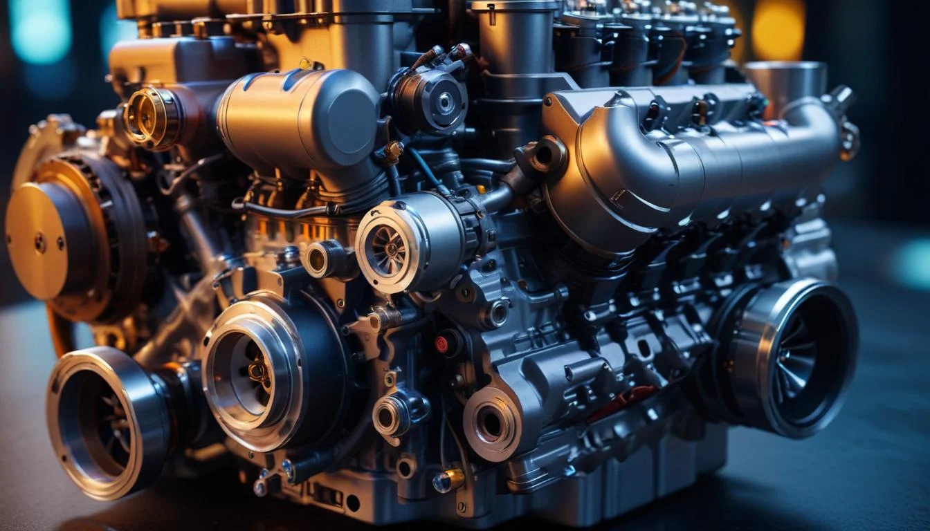A modern V6 engine with visible turbocharger components.