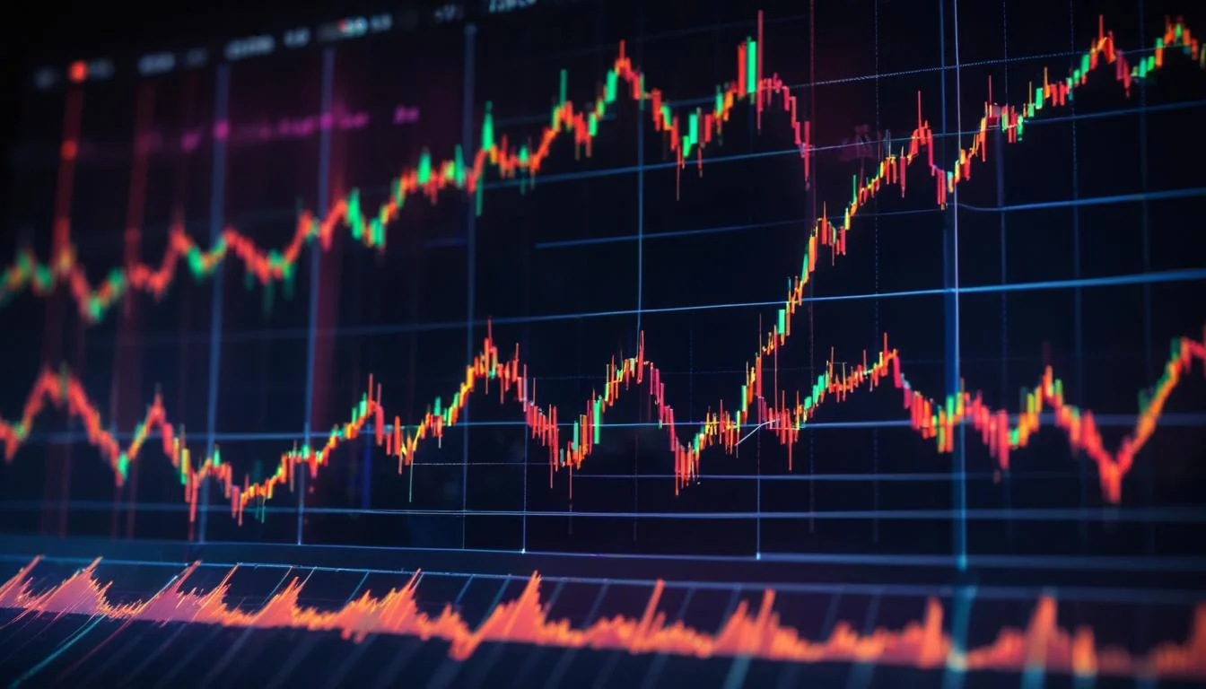 line graph showing financial trends and stock prices, with upward and downward arrows indicating market volatility