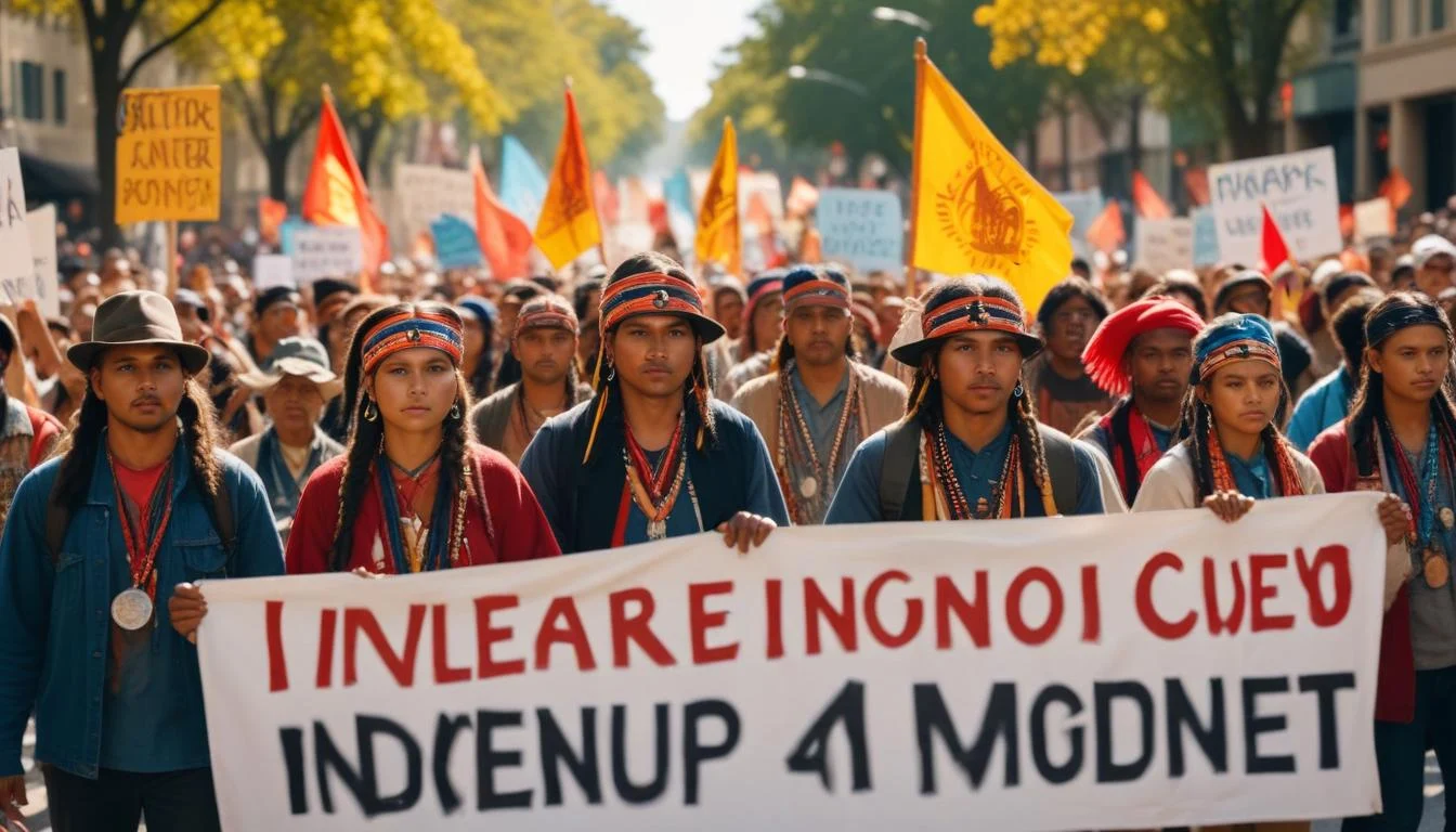 Indigenous Peoples Day march with participants holding signs and banners.